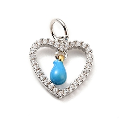 Deep Sky Blue Rack Plating Brass Micro Pave Cubic Zirconia Pendants, with Enamel and Jump Ring, Long-Lasting Plated, Platinum, Heart, Cadmium Free & Nickel Free & Lead Free, Deep Sky Blue, 12.5x12x1.5~3mm, Jump Ring: 5x0.7mm, Hole: 3.4mm