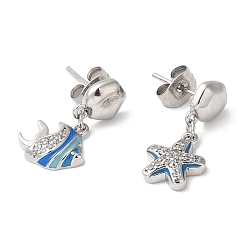 Platinum Cubic Zirconia Fish & Starfish Asymmetrical Earrings with Enamel, 316 Stainless Steel Dangle Stud Earrings, Stainless Steel, 19x10mm