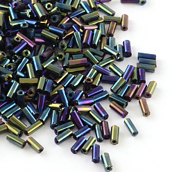 Green Plated Plated Glass Bugle Beads, Iris, Green Plated, 6x2mm, Hole: 1mm, about 450g/bag, about 10000pcs/bag