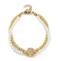 Клевер Латунь многожильных браслеты, браслеты со стразами для женщин, ионное покрытие (ip), с пластиковой имитацией жемчуга и 304 карабином из нержавеющей стали, реальный 18 k позолоченный, клевер, 7-3/8 дюйм(18.7см)+31удлинитель мм