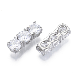 Real Platinum Plated Brass Micro Pave Clear Cubic Zirconia Multi-Strand Links, 3 Hole, Rectangle, Nickel Free, Real Platinum Plated, 18x6x5mm, Hole: 0.7mm