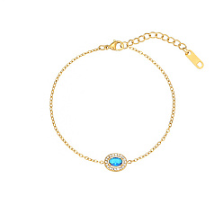Deep Sky Blue Oval Cubic Zirconia Link Bracelets, with Golden Stainless Steel Cable Chains, Deep Sky Blue, 6-1/4 inch(16cm)