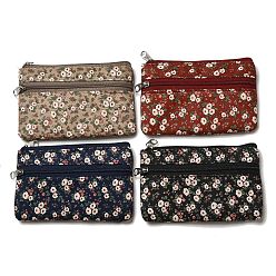 Mixed Color Flower Print Cotton Cloth Wallets with Alloy Zipper, Rectangle, Mixed Color, 12.3x8.2x0.7cm