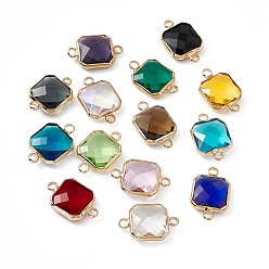 Mixed Color Transparent K9 Glass Connector Charms, with Light Gold Plated Brass Findings, Faceted, Square Links, Mixed Color, 19.5x12.5x4.5mm, Hole: 2.2mm