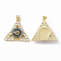 Colorful Rack Plating Brass Micro Pave Clear Cubic Zirconia Pendants, with Resin, Real 18K Gold Plated, Long-Lasting Plated, Cadmium Free & Lead Free, Triangle with Evil Eye, Colorful, 27x27.5x7.5mm, Hole: 4x3mm
