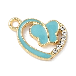 Бирюза Подвески из сплава эмали и стразов, сердце с бабочкой, золотой свет, без кадмия, без никеля и без свинца, бирюзовые, 19.5x14x2.5 мм, отверстие : 2.1 мм
