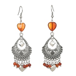 Natural Agate Dyed Natural Red Agate Heart Chandelier Earrings, Alloy Teardrop Earrings with 304 Stainless Steel Pins, 80x26mm