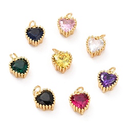 Mixed Color Real 18K Gold Plated Brass Inlaid Cubic Zirconia Charms, with Jump Ring, Long-Lasting Plated, Heart, Mixed Color, 8.5x7x4mm, Jump Ring: 4x0.5mm, 2.5mm Inner Diameter