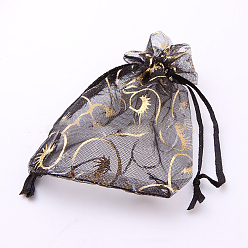 Black Rectangle Printed Organza Drawstring Bags, Gold Stamping Eyelash Pattern, Black, 9x7cm