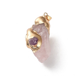 Розовый Кварц Подвески из натурального розового кварца и аметиста с гальваническим покрытием, подвески-самородки с латунной фурнитурой, золотые, стойки покрытие, 36.5~50x25~32.5x17~30.5 мм, отверстие : 4x6 мм
