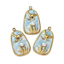 Trapezoid 304 нержавеющей стальной эмали подвески, с абс пластмассовыми жемчужными бисером, ионное покрытие (ip), золотые, птица, трапециевидные, 26.5x15.5x4.5 мм, отверстие : 1.8 мм