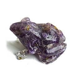 Amethyst Resin Frog Display Decoration, with Gold Foil Natural Amethyst Chips inside Statues for Home Office Decorations, 65x55x38mm
