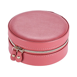 Light Coral Round PU Imitation Leather Jewelry Storage Zipper Boxes, Portable Travel Case with Mirror, for Necklace, Ring Earring Holder, Gift for Women, Light Coral, 11x5.2cm