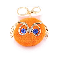 Orange Red Cute Pompom Fluffy Owl Pendant Keychain, with Alloy Findings, for Woman Handbag Car Key Backpack Pendants, Orange Red, 12x9cm