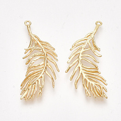 Real 18K Gold Plated Brass Pendants, Feather, Nickel Free, Real 18K Gold Plated, 36~37x15~16x1.5mm, Hole: 1.2mm