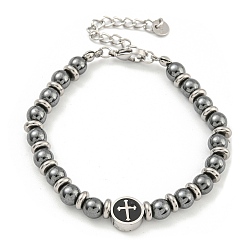 Cross 304 Женские браслеты из нержавеющей стали и синтетического немагнитного гематита с круглыми бусинами, крестик, 6-7/8 дюйм (17.5 см)