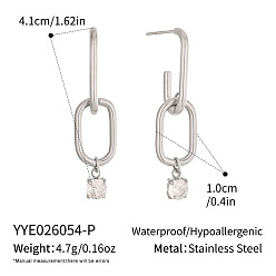 Stainless Steel Color 304 Stainless Steel & Cubic Zirconia Stud Dangle Earrings, Oval, Half Hoop Earrings, Stainless Steel Color, 41x10mm