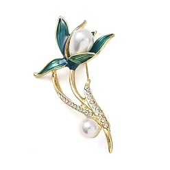 Золотой Эмалевые броши-булавки в виде цветка магнолии, с горный хрусталь и пластиковой бисера, золотые, 64.5x38~38.5 мм