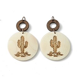 Cactus Flat Round & Ring Poplar Wood Engrave Big Pendants, with Iron Jump Ring, Cactus, 58.5x39.5x5mm, Hole: 5mm