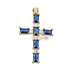 Blue Brass Pave Cubic Zirconia Pendants, Cross with Rectangle Charms, Long-Lasting Plated, Cadmium Free & Lead Free, Real 18K Gold Plated, Blue, 32.5x20.5x3.5mm, Hole: 4x3.5mm