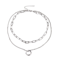 Stainless Steel Color Non-Tarnish 304 Stainless Steel Double Chains Multi Layered Necklace with Ring Charm for Women, Stainless Steel Color, 16.34 inch(41.5cm)