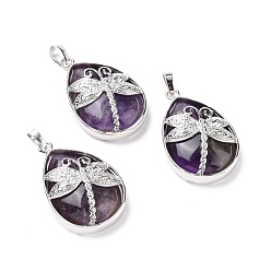 Amethyst Natural Amethyst Pendants, with Platinum Tone Brass Findings, Lead Free & Cadmium Free, Teardrop with Dragonfly Charms, 40~40.5x26~26.5x9~9.5mm, Hole: 5x7mm
