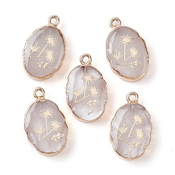 Quartz Crystal Natural Quartz Crystal Oval Pendants, Golden Plated Brass Rock Crystal Oval Charms with Flower, 22~22.5x13~13.5x4.5mm, Hole: 1.6~1.8mm
