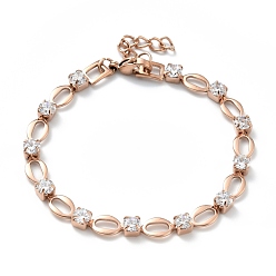 Rose Gold Crystal Cubic Zirconia Tennis Bracelet, Ion Plating(IP) 304 Stainless Steel Oval Link Chains Bracelet for Women, Rose Gold, 7-1/8 inch(18cm)