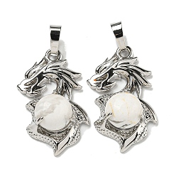 Говлит Природные подвески Говлит, Подвески-драконы со стойкой, латунная фурнитура, платина, без кадмия и без свинца, 31x18x8~10 мм, отверстие : 5x8 мм