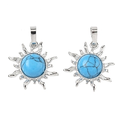 Синтетическая Бирюза Синтетические бирюзовые подвески, латунные солнечные подвески, стойки покрытие, платина, без кадмия и без свинца, 23x22.5x5.5 мм, отверстие : 7.5x4.5 мм