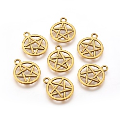 Antique Golden Tibetan Style Alloy Flat Round with Star Charms, Wicca Charms, Pentacle, Cadmium Free & Lead Free, Antique Golden, 20.5x16.9x1.7mm, Hole: 2.2mm