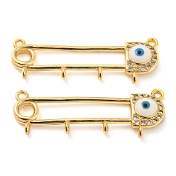 Deep Sky Blue Rack Plating Brass Micro Pave Cubic Zirconia Brooch Finding, Real 18K Gold Plated Kilt Pins with Enamel Evil Eye & 4 Loops, Deep Sky Blue, 40x13x4mm, Hole: 1.8mm