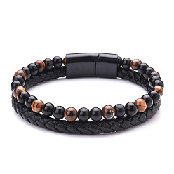 Huang Hu Natural Volcanic Stone Beaded Bracelet with Double Layer Tiger Eye and Agate on Leather Cord