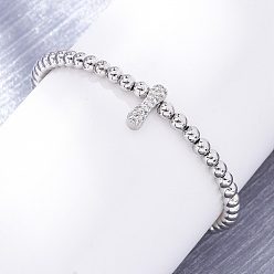 Letter I Латунные круглые бусины эластичные браслеты, Подвеска в виде буквы из латуни с микропаве из прозрачного кубического циркония для женщин, без свинца и без кадмия, стойки покрытие, платина, Буква "i", внутренний диаметр: 2~2-1/8 дюйм (5~5.5 см)