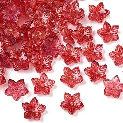 Темно-Красный Двухцветная прозрачная крышка из стеклянной бусины, 5-лепестков цветка, с блеском порошок, темно-красный, 12x12.5x4 мм, отверстие : 1.5 мм