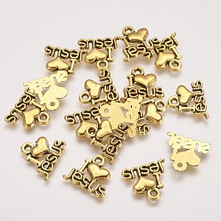 Antique Golden Tibetan Style Alloy Pendants, For Easter, Holy Charms(I Love Jesus), Cadmium Free & Lead Free, Heart, Antique Golden, 13x15x2mm, Hole: 3mm