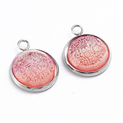Light Coral Printed Resin Pendants, with 304 Stainlesss Steel Settings, Half Round, Faceted, Sea Coral Pattern, Stainless Steel Color, Light Coral, 19.5x16x4.5mm, Hole: 2.4mm