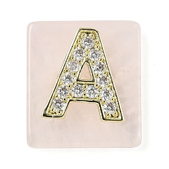 Letter A Природного розового кварца подвески, прямоугольные подвески с латунной микропаве прозрачной кубической циркониевой буквой, реальный 18 k позолоченный, долговечный, стойки покрытие, буква a, 21x18x5 мм, отверстие : 1.4 мм