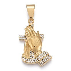 Golden 304 Stainless Steel Pendants, with Crystal Rhinestone, Praying Hands with Cross, Golden, 39.5x23.5x5.5mm, Hole: 6.5x11.5mm