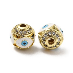 White Brass Micro Pave Cubic Zirconia Beads, Round with Enamel Evil Eye, Real 18K Gold Plated, White, 10x9.5mm, Hole: 1.6mm
