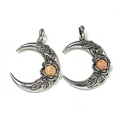Пейзажный Джаспер Естественного изображения яшмы подвески, сплав цветок полумесяц подвески, античное серебро, 43.5x35.5x8.5 мм, отверстие : 8x7 мм