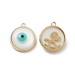 Golden Rack Plating Alloy Enamel Pendants, with Resin, Flat Round with Evil Eye & Horse Charm, Cadmium Free & Nickel Free & Lead Free, Golden, 17.5x15x4.5mm, Hole: 1.2mm