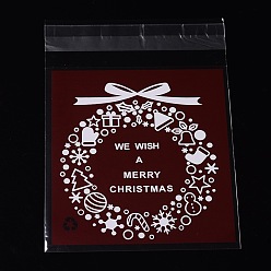 Dark Red Rectangle OPP Cellophane Bags for Christmas, with Wreath Pattern, Dark Red, 14x9.9cm, Unilateral Thickness: 0.035mm, Inner Measure: 11x9.9cm, about 95~100pcs/bag
