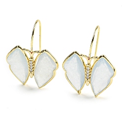 Light Blue Natural Jade Dangle Earrings, with Cubic Zirconia and Rack Plating Brass Findings, Dyed, Butterfly, Light Blue, 29.5~30x23~24mm