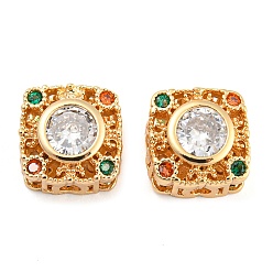 Real 18K Gold Plated Brass Beads, with Colorful Glass, Hollow Square, Real 18K Gold Plated, 9.5x9.5x5.5mm, Hole: 1.8mm