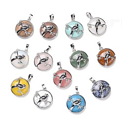 Mixed Stone Natural & Synthetic Gemstone Pendants, with Platinum Plated Brass Findings, Flat Round with Magpie, Cadmium Free & Lead Free, Mixed Dyed and Undyed, 26.5~27x23.5x10mm, Hole: 5x8mm