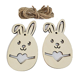 Rabbit Easter Unfinished Wood Pendant Ornaments, with Hemp Rope, for Blank Crafts DIY Easter Party Hanging Decoration Supplies, PapayaWhip, Rabbit, 90x50mm, 10pcs/bag