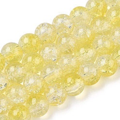 Yellow Transparent Crackle Baking Painted Glass Beads Strands, Imitation Opalite, Round, Yellow, 8.5x7.5mm, Hole: 1.5mm, about 107~109pcs/strand, 30.71 inch~31.30 inch(78~79.5cm)