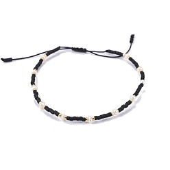 Negro Nylon ajustable pulseras de cuentas trenzado del cordón, con cuentas de semillas japonesas y perlas, negro, 1-3/4 pulgada ~ 2-3/4 pulgada (4.6~7 cm)