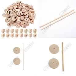 Цвет Древесины 66шт. колесо из березы, с 33шт. деревянной палочкой, Диетические аксессуары, плоско-круглые, деревесиные, 28~50x6~10 мм, отверстие : 5 мм
